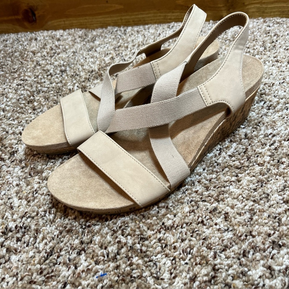 LifeStride Women's Mexico Wedge Sandal Size 9W Corked Stretch Resort Comfort Tan